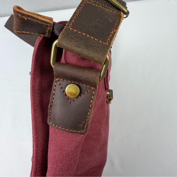 NWT VASCHY Small Messenger BagVintage Canvas Leather Crossbody Burgundy - Picture 5 of 9